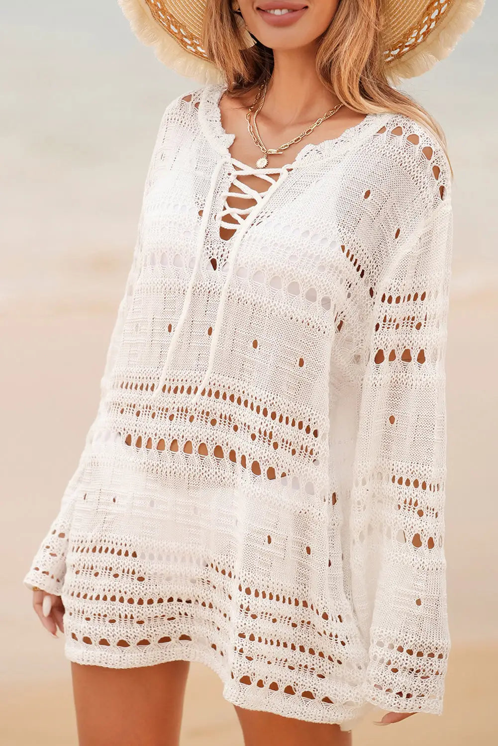 White lace-up long sleeve cover up - s / 100% polyester - beach cover-ups
