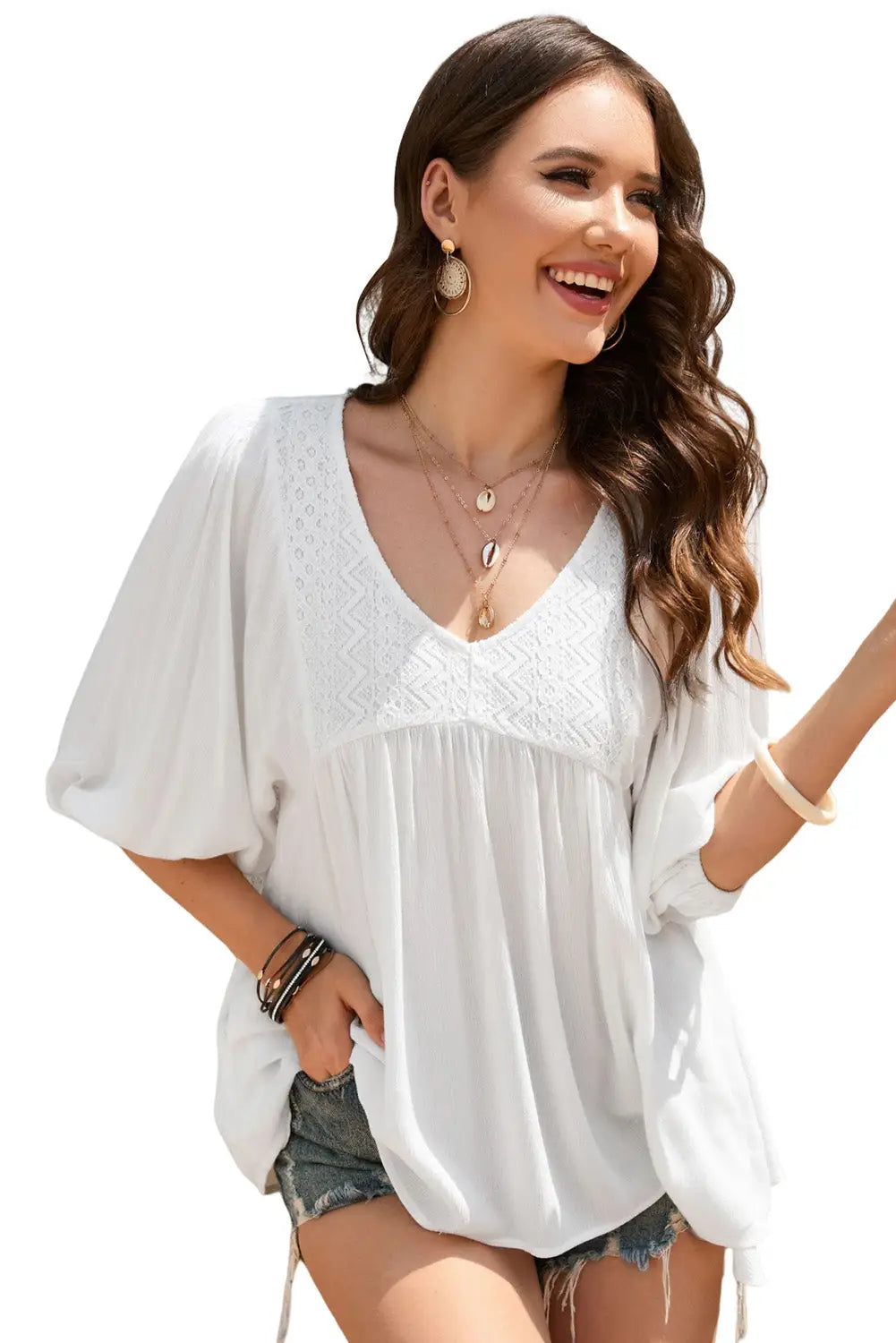 White lace v-neck bracelet sleeve ruffle blouse - tops
