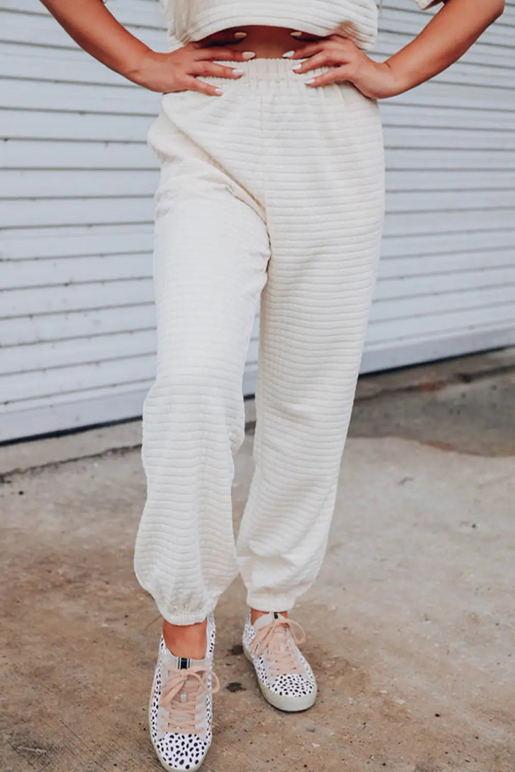 White lattice textured cropped tee and jogger pants set - joggers sets