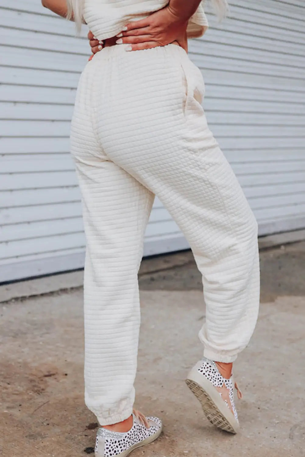 White lattice textured cropped tee and jogger pants set - joggers sets