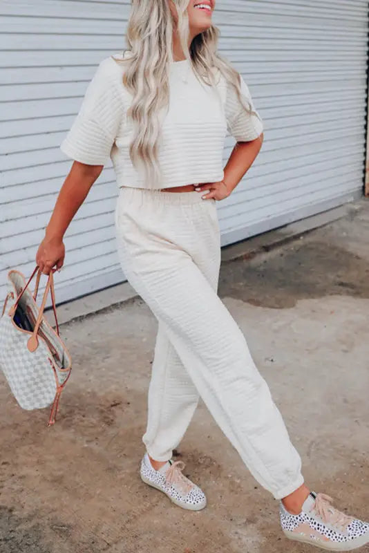 White lattice textured cropped tee and jogger pants set - joggers sets