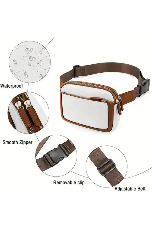 White Leather Color-block Zipped Removable Clip Crossbody Bag - Fashionfitz