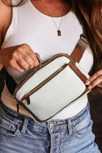 White Leather Color-block Zipped Removable Clip Crossbody Bag - Fashionfitz
