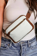 White Leather Color-block Zipped Removable Clip Crossbody Bag - Fashionfitz