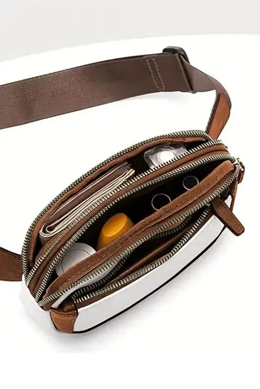 White Leather Color-block Zipped Removable Clip Crossbody Bag - Fashionfitz