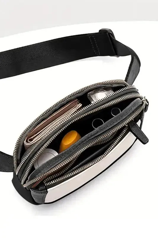 White Leather Color-block Zipped Removable Clip Crossbody Bag - Fashionfitz