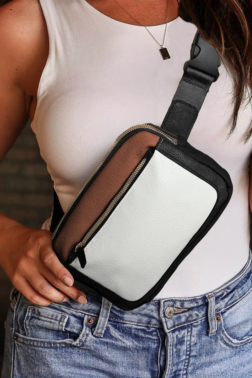 White leather color-block zipped removable clip crossbody