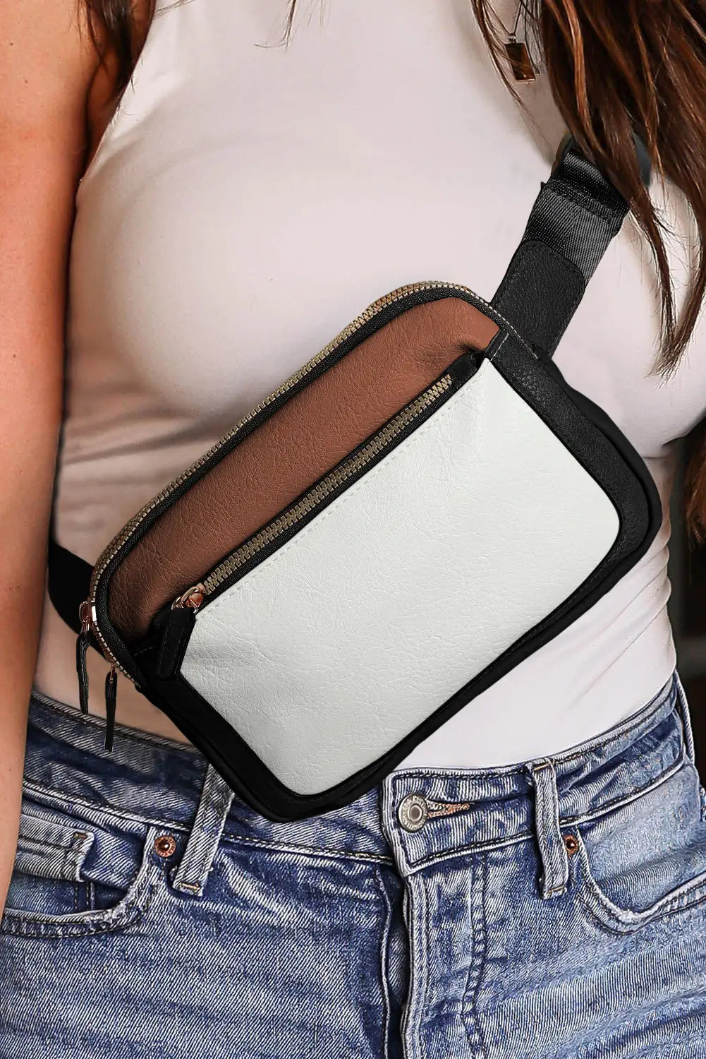 White leather color-block zipped removable clip crossbody bag - bags