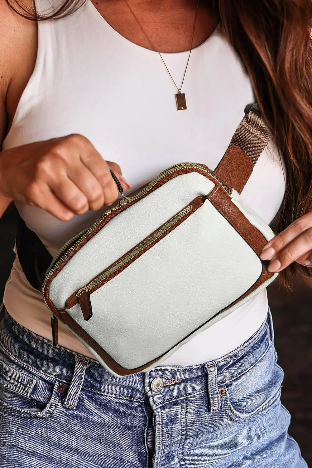 White leather color-block zipped removable clip crossbody bag - bags