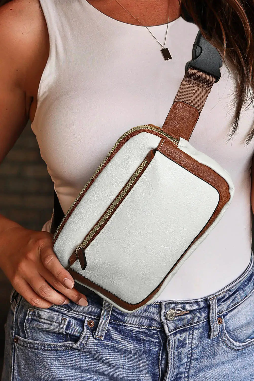 White leather color-block zipped removable clip crossbody bag - white1 / one size / pu - bags