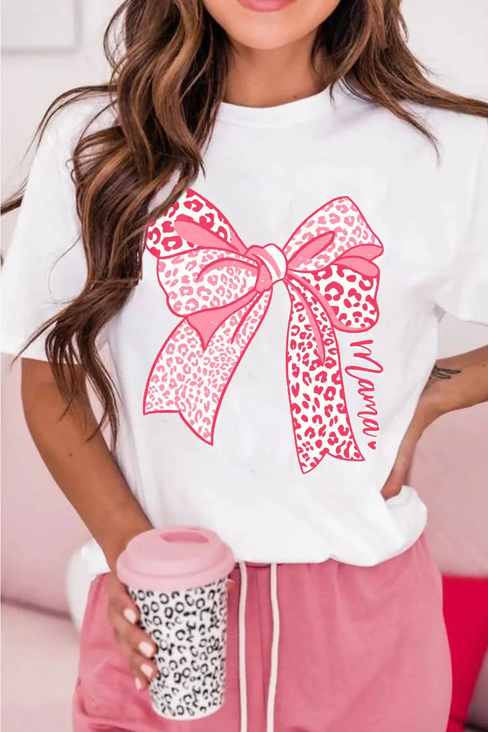 White leopard bow graphic mothers day fashion t shirt - s / 62% polyester + 32% cotton + 6% elastane - tees