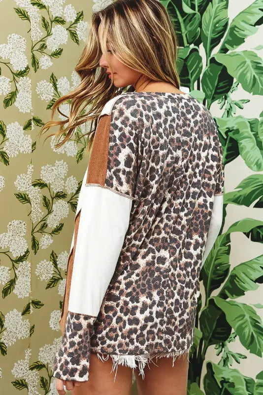 White leopard color block patchwork split neck long sleeve top - tops