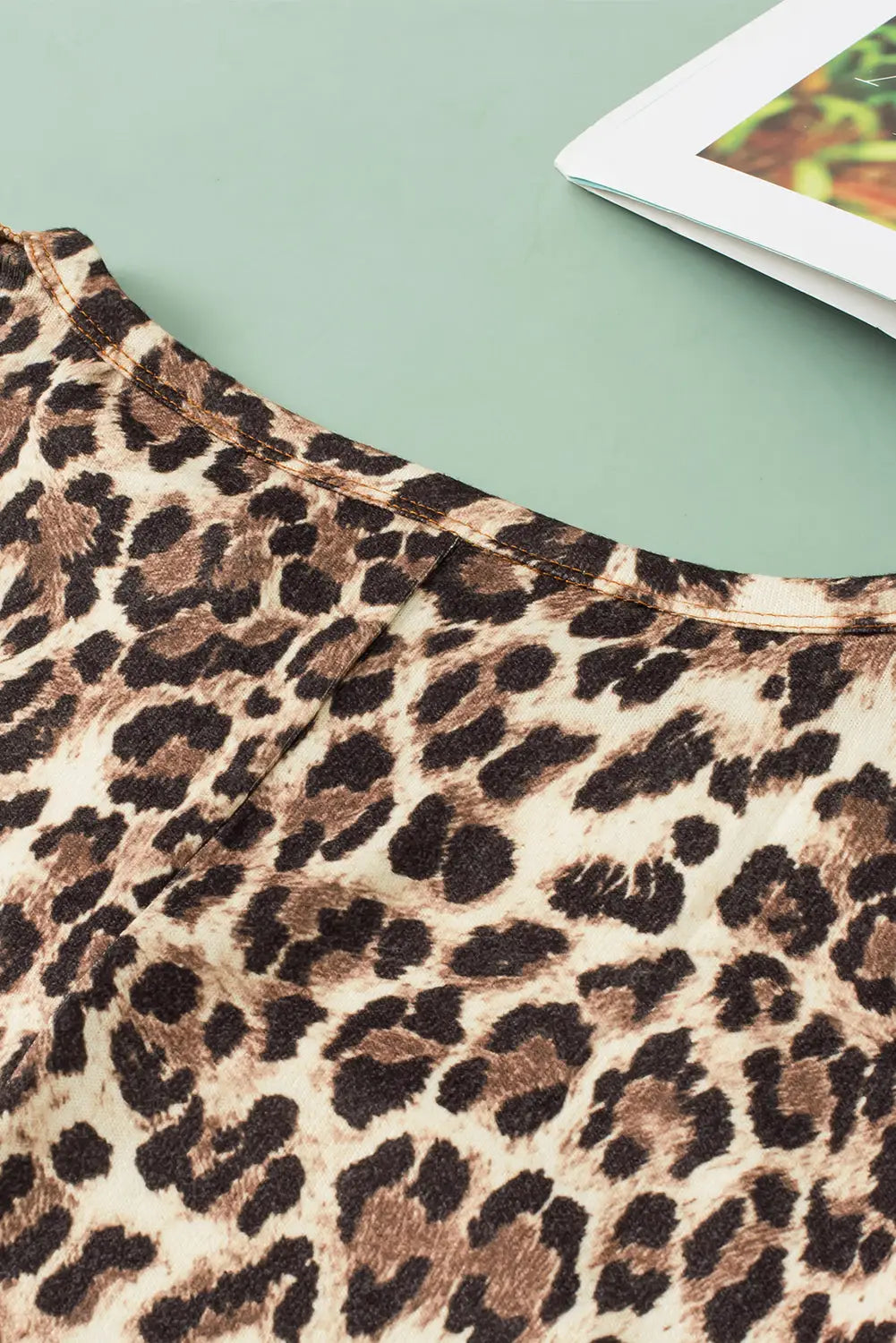 White leopard color block patchwork split neck long sleeve top - tops