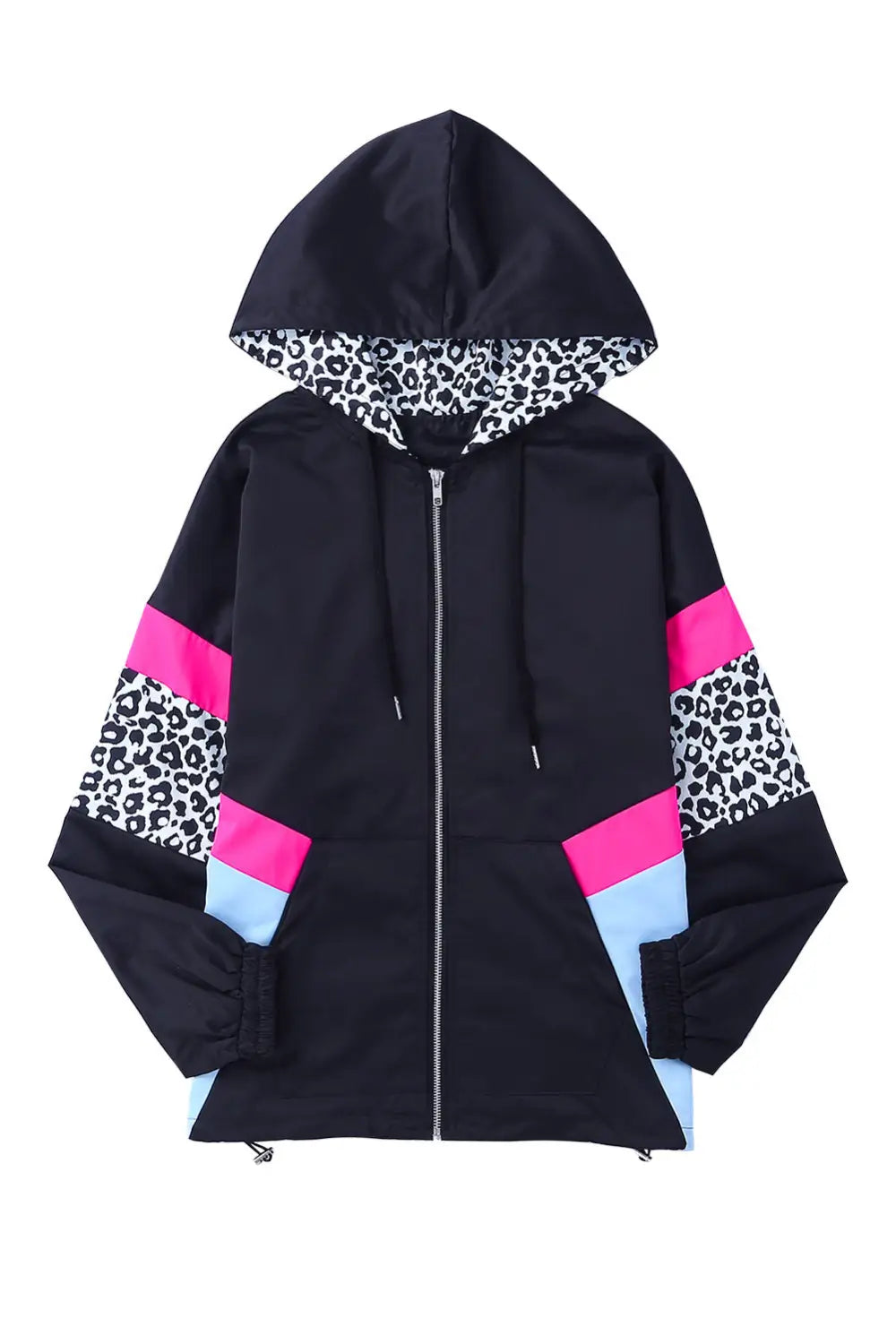 White leopard color block pockets zip-up hooded jacket - hood jackets