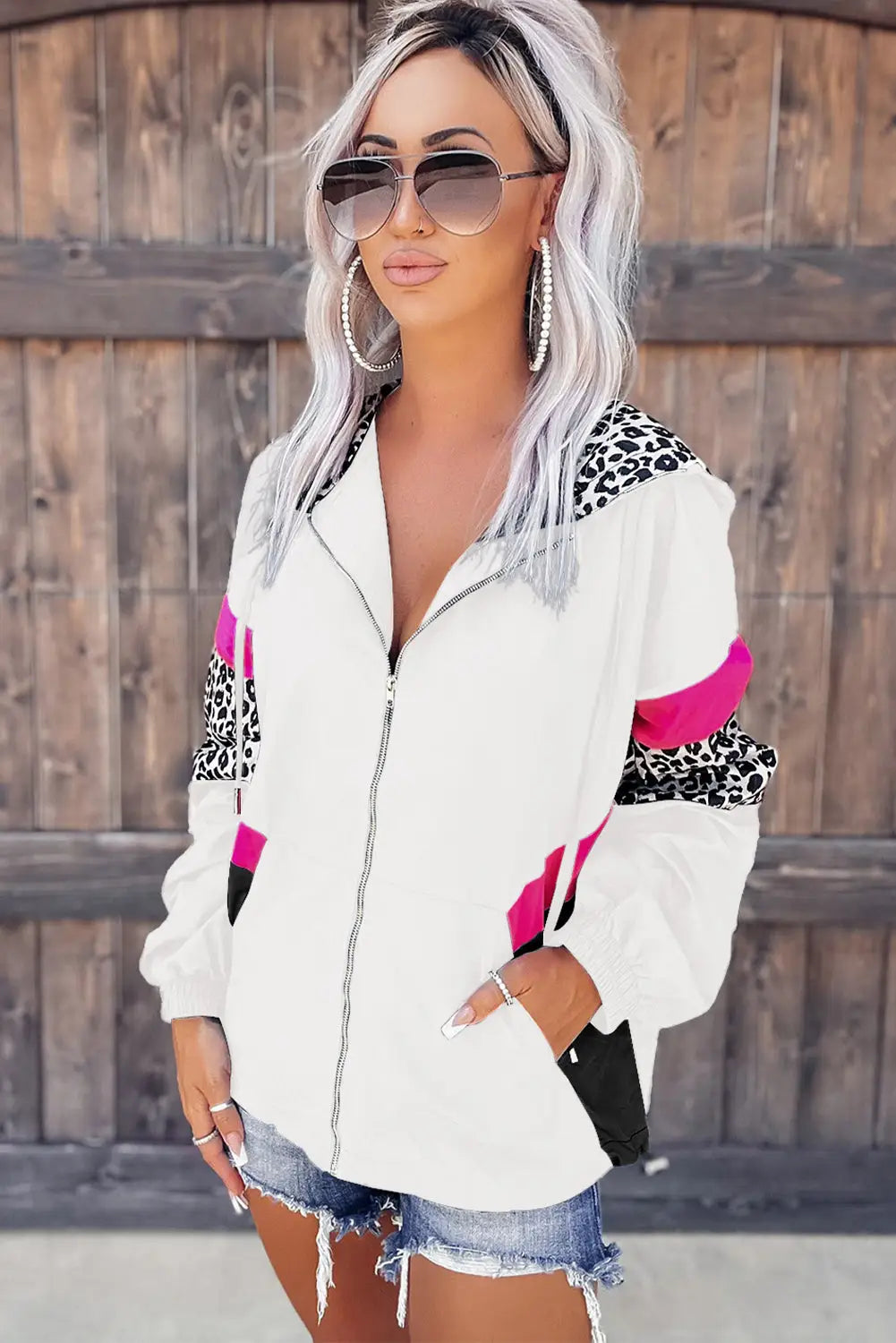 White leopard color block pockets zip-up hooded jacket - hood jackets