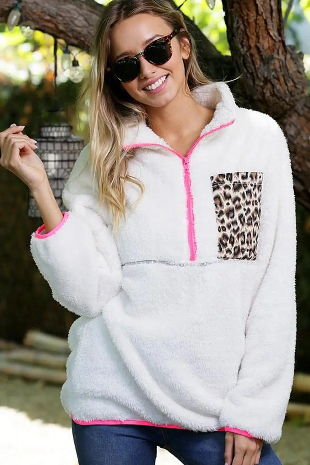 White leopard patch pocket half zipped fleece sweatshirt - sweatshirts & hoodies