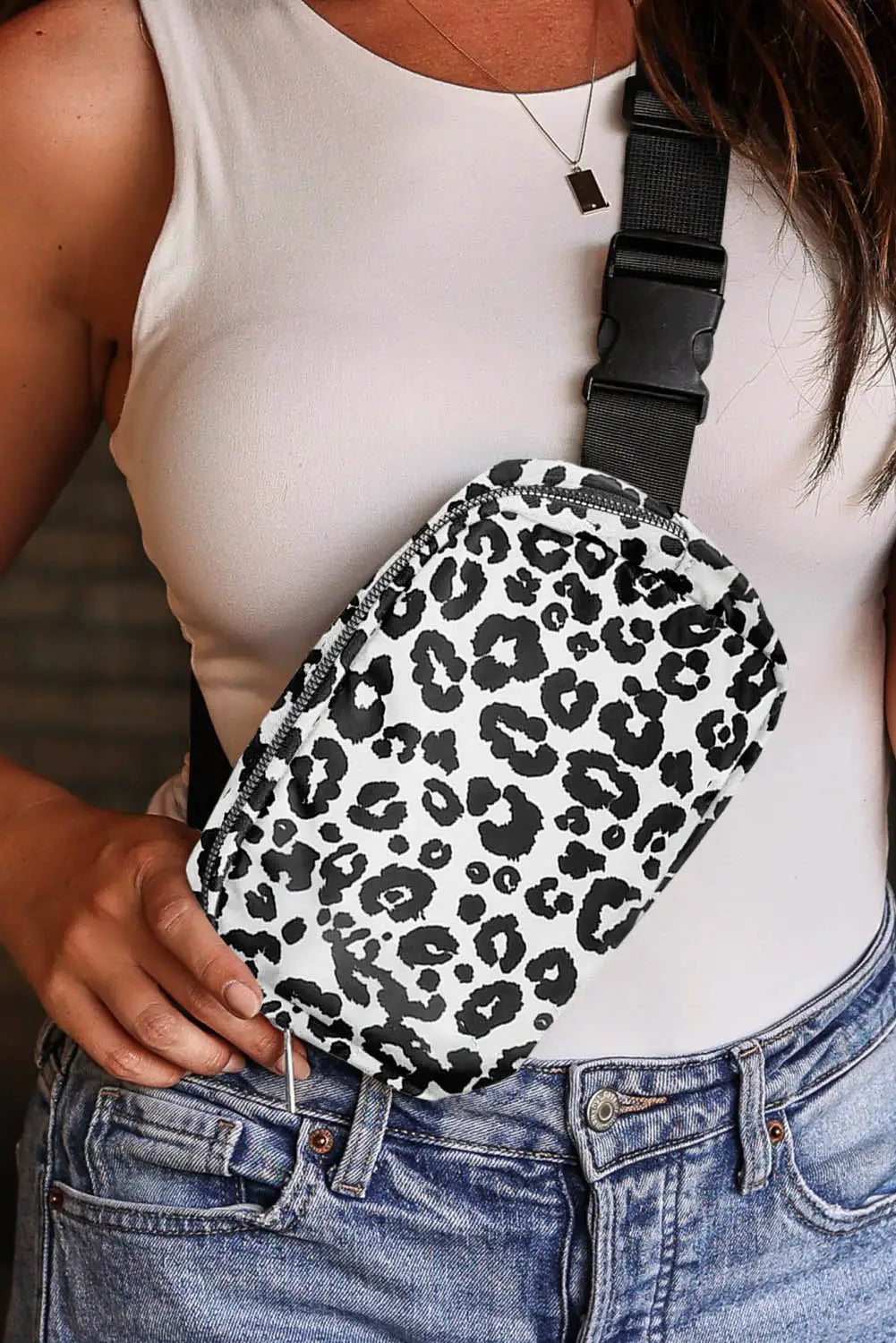 White leopard print buckle canvas chest bag 20*5*14cm - crossbody bags