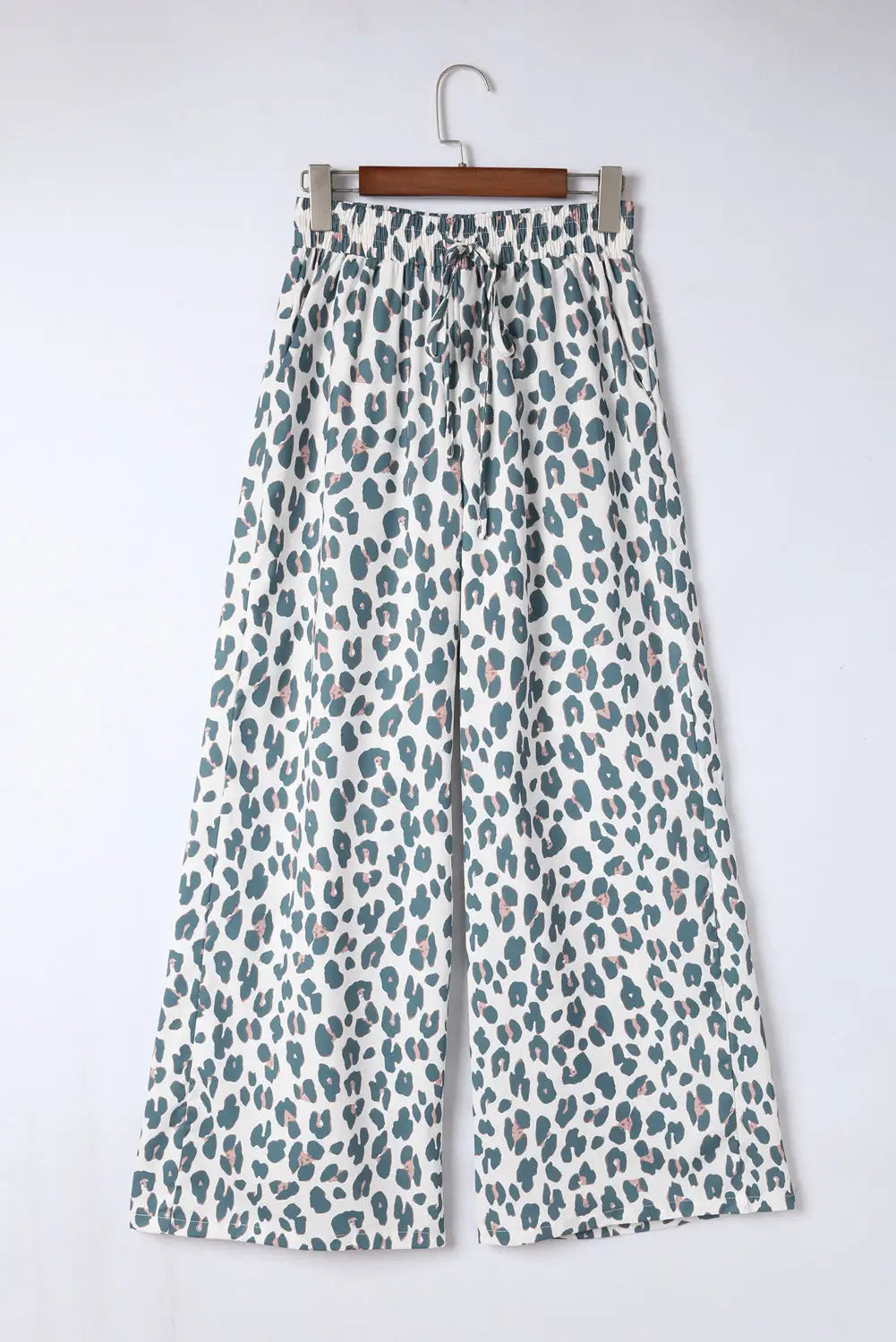 White leopard print pocketed wide leg pants