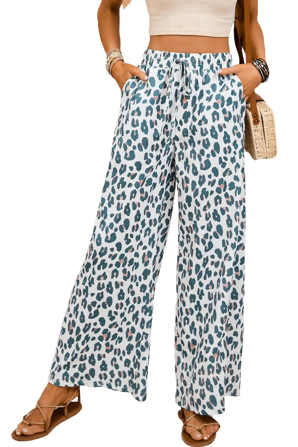 White leopard print pocketed wide leg pants