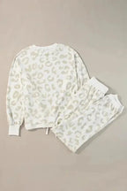 White Leopard Pullover and Drawstring Pants Lounge Set - Fashionfitz
