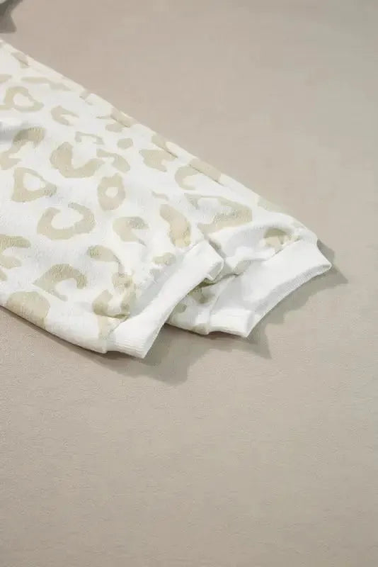 White Leopard Pullover and Drawstring Pants Lounge Set - Fashionfitz