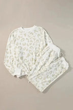 White Leopard Pullover and Drawstring Pants Lounge Set - Fashionfitz