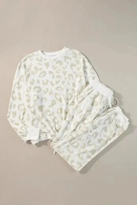 White Leopard Pullover and Drawstring Pants Lounge Set - Fashionfitz