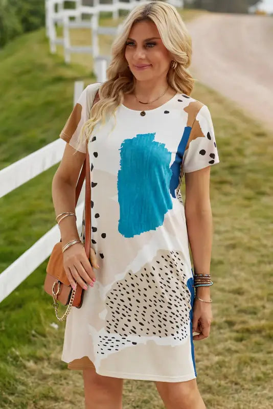 White leopard splicing color block mini dress - t-shirt dresses