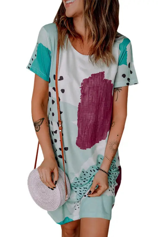 White leopard splicing color block mini dress - t-shirt dresses