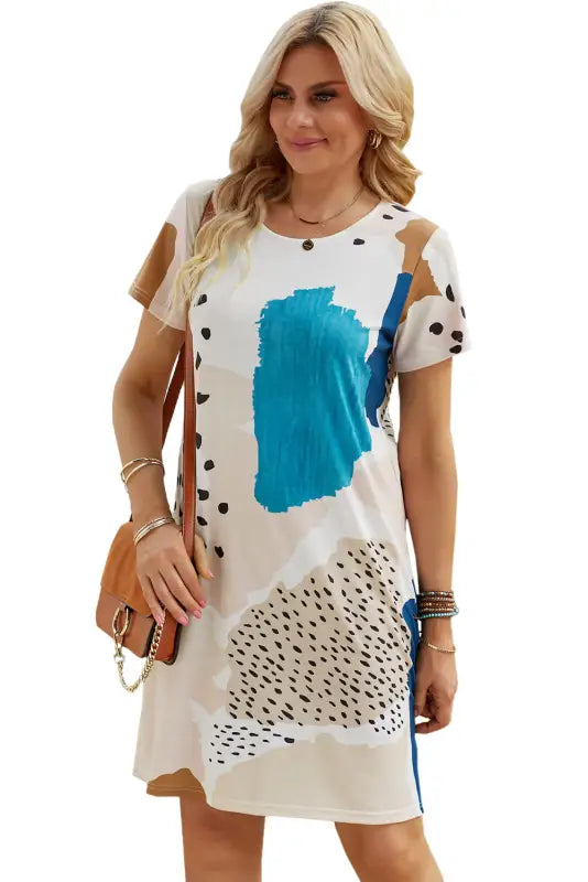 White leopard splicing color block mini dress - t-shirt dresses