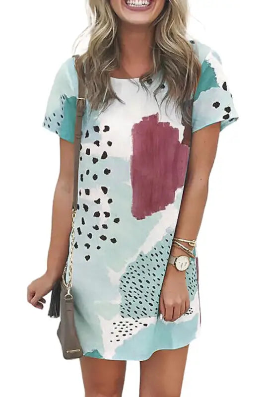 White leopard splicing color block mini dress - t-shirt dresses