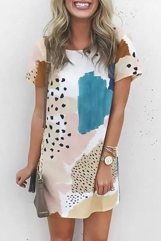 White leopard splicing color block mini dress - sky blue / s / 95% polyester + 5% spandex - t-shirt dresses