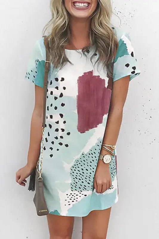 White leopard splicing color block mini dress - t-shirt dresses