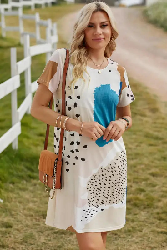 White leopard splicing color block mini dress - t-shirt dresses