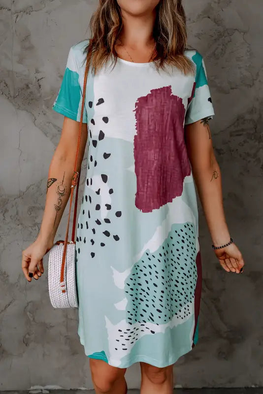 White leopard splicing color block mini dress - t-shirt dresses