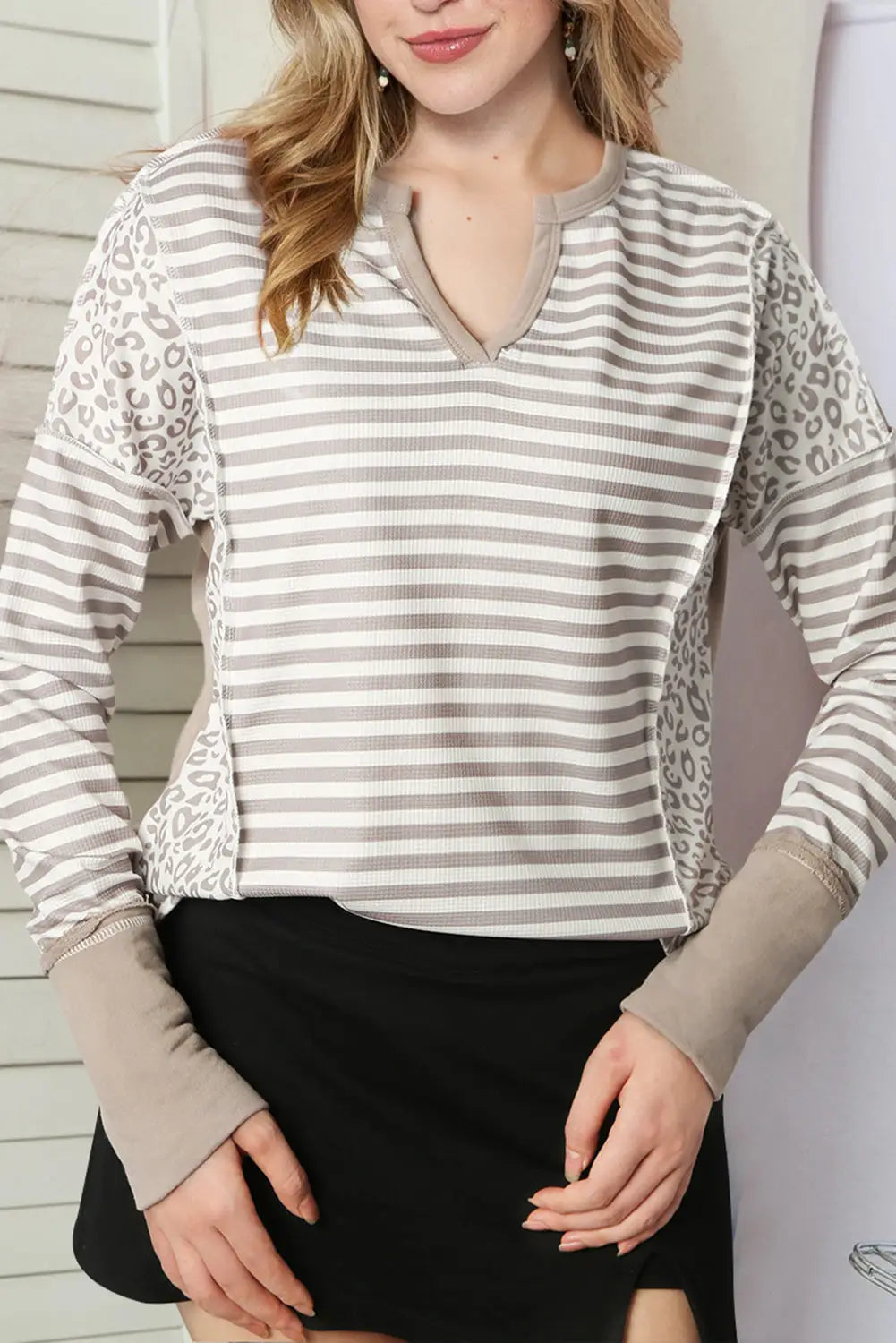White leopard striped patch thumbhole sleeve top - long tops