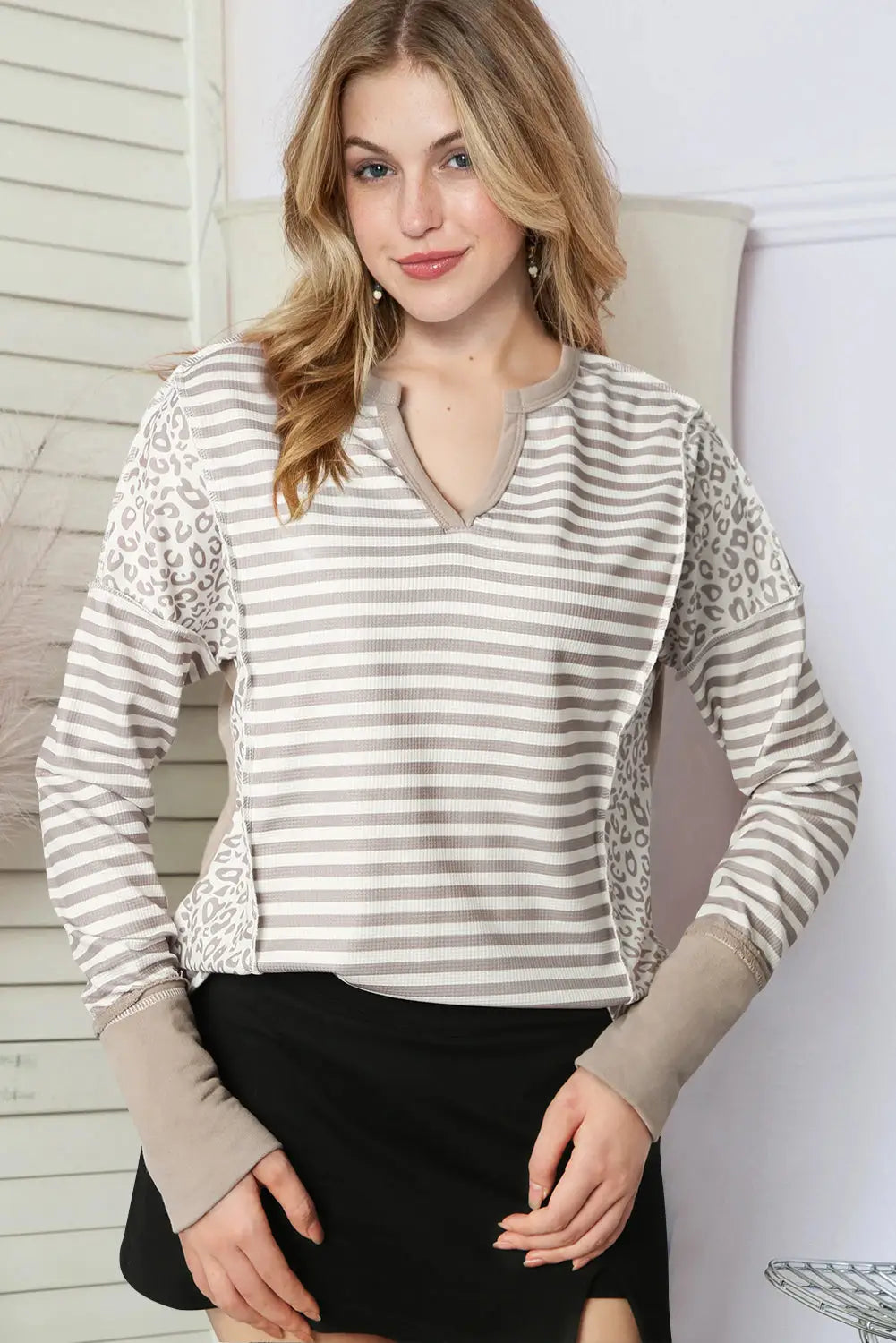 White leopard striped patch thumbhole sleeve top - long tops