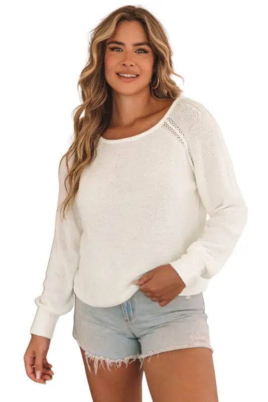 White long sleeve cutout shoulder relaxed sweater - sweaters & cardigans