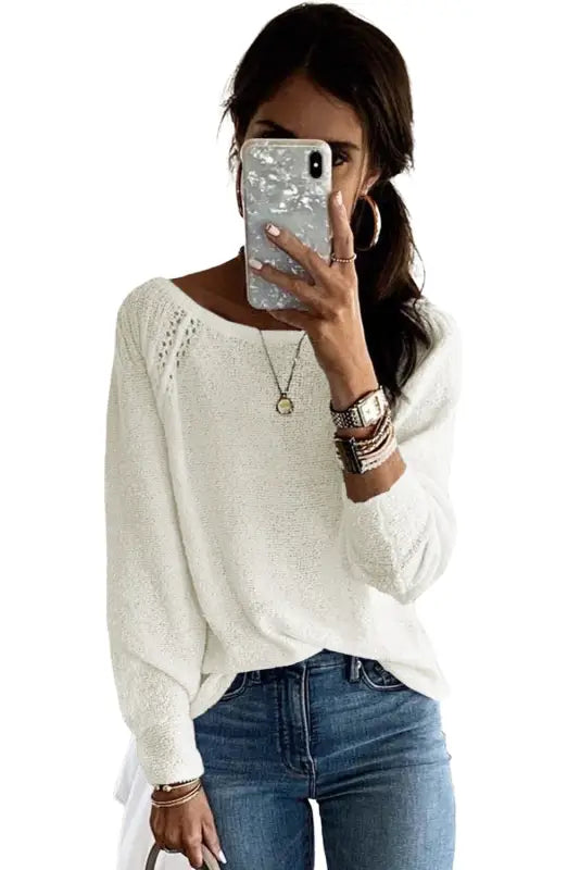 White long sleeve cutout shoulder relaxed sweater - sweaters & cardigans