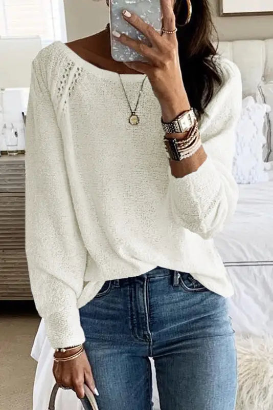 White long sleeve cutout shoulder relaxed sweater - sweaters & cardigans