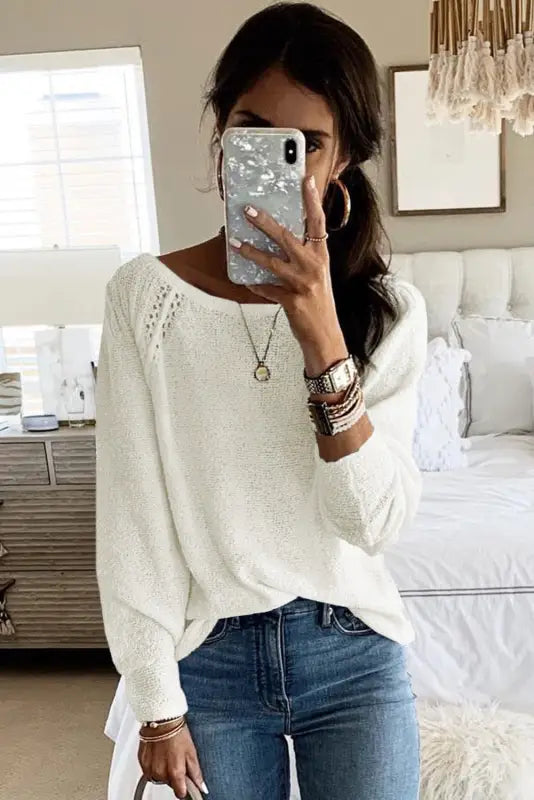 White long sleeve cutout shoulder relaxed sweater - sweaters & cardigans