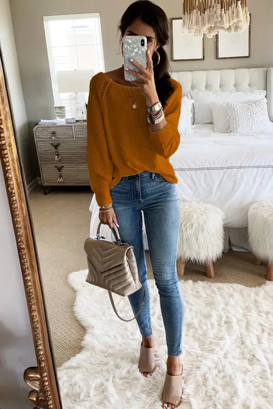 White long sleeve cutout shoulder relaxed sweater - sweaters & cardigans