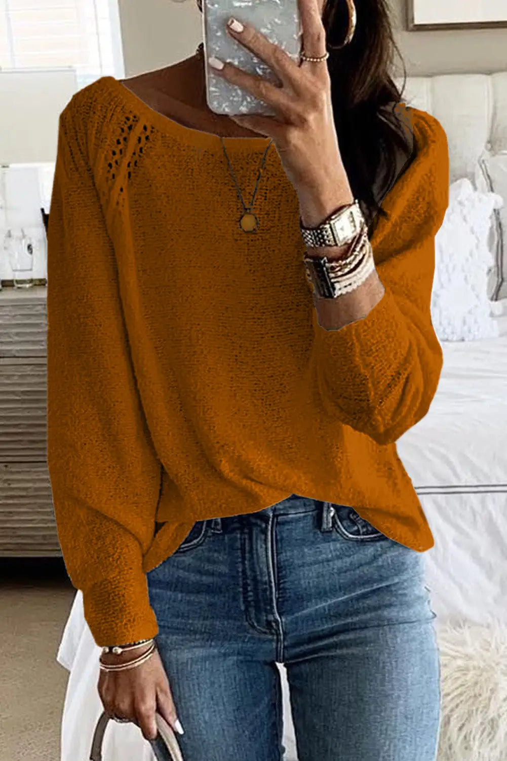 White long sleeve cutout shoulder relaxed sweater - brown / s / 65% acrylic + 35% polyamide - sweaters & cardigans