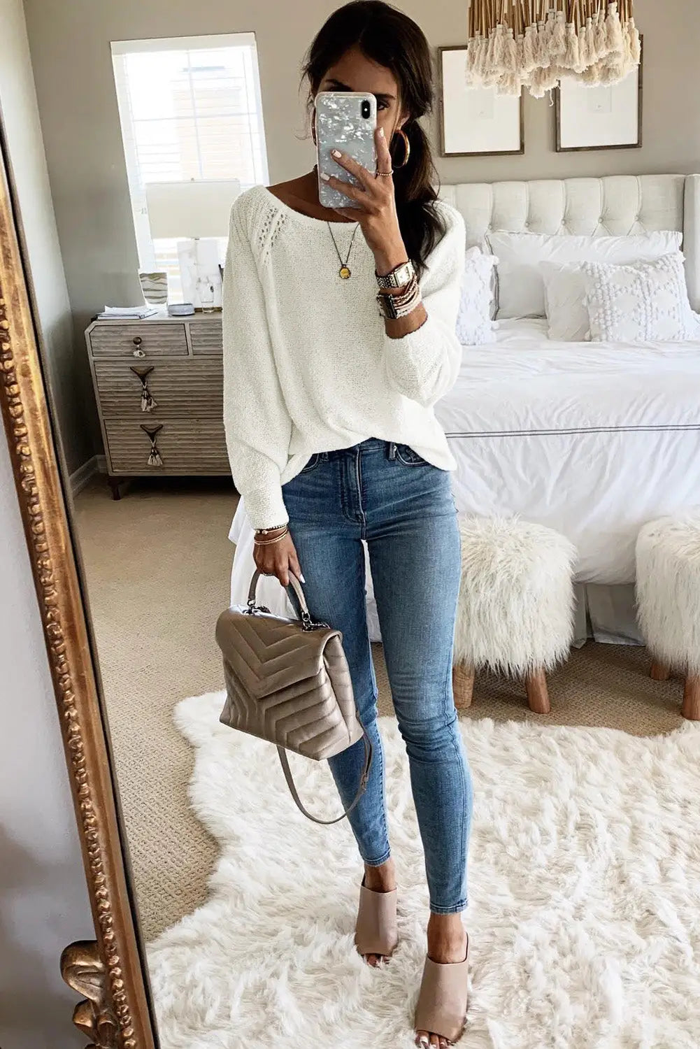 White long sleeve cutout shoulder relaxed sweater - sweaters & cardigans