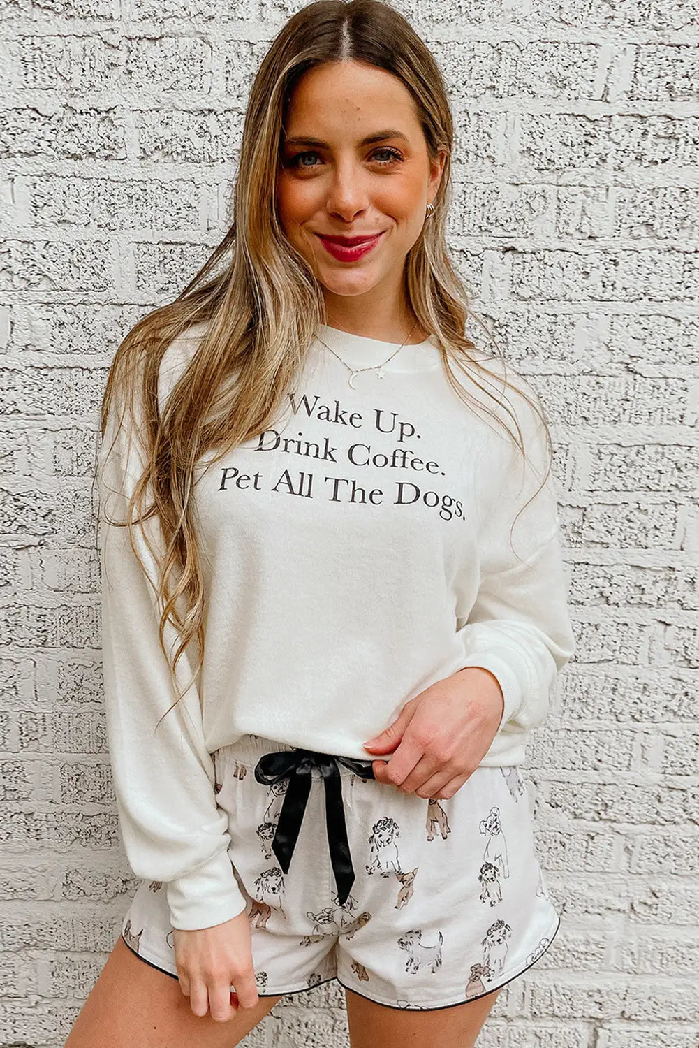 White long sleeve letters pullover and animal shorts lounge