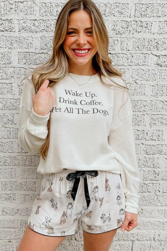 White long sleeve letters pullover and animal shorts lounge set - loungewear