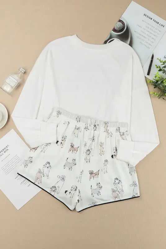 White long sleeve letters pullover and animal shorts lounge set - loungewear