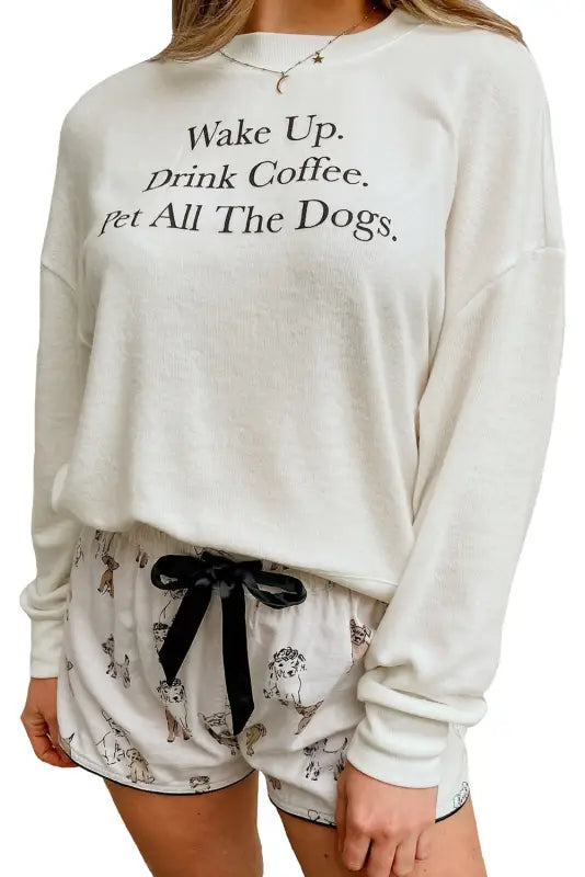 White long sleeve letters pullover and animal shorts lounge set - loungewear