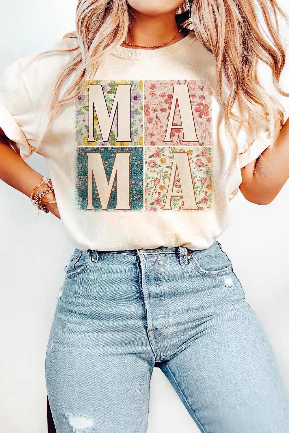 White mama floral block graphic casual t-shirt - s / 62% polyester + 32% cotton + 6% elastane - t-shirts