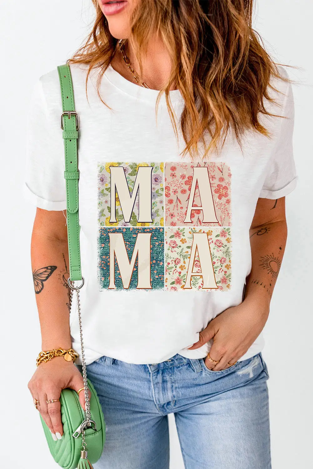 White mama floral block graphic casual t-shirt - t-shirts